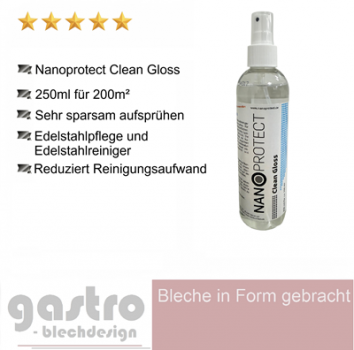 Flasche Clean Gloss 250 ml Edelstahlpflege vor glänzender Edelstahloberfläche